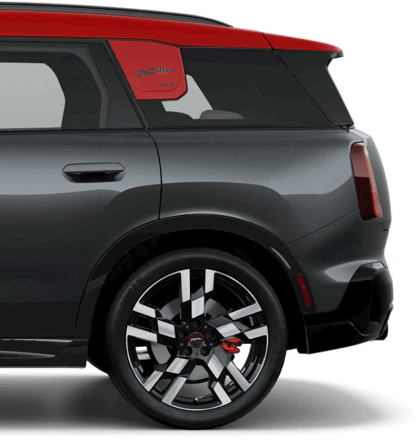 A side-view of a MINI JCW Countryman ALL4 from the rear door to the trunk.